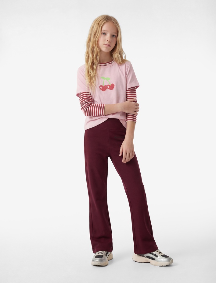 Kız Çocuk Pamuklu Slim Fit Nakış Detaylı İspanyol Paça Tayt