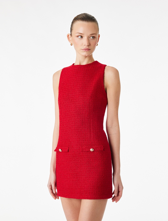  A Kesim Metal Aksesuarlı Fleto Cepli Kolsuz Bisiklet Yaka Mini Tüvit Elbise