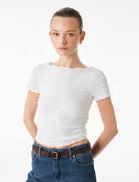 Bürümcük Kumaş Slim Fit  Kısa Kollu Yuvarlak Kayık Yaka Tişört