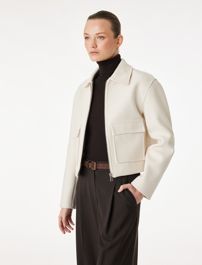  Uzun Kollu Cepli Fermuarlı Crop Kaşe Ceket