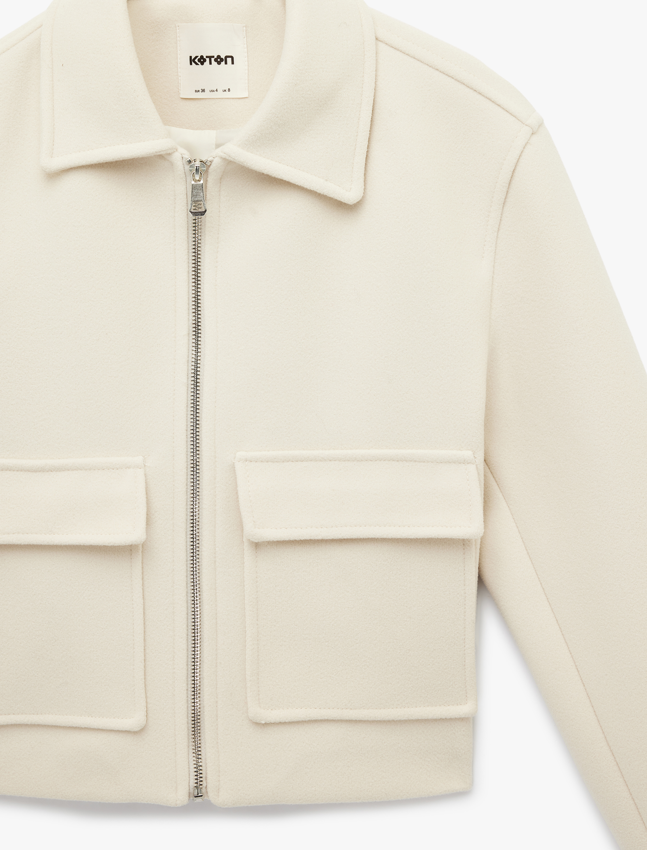   Uzun Kollu Cepli Fermuarlı Crop Kaşe Ceket