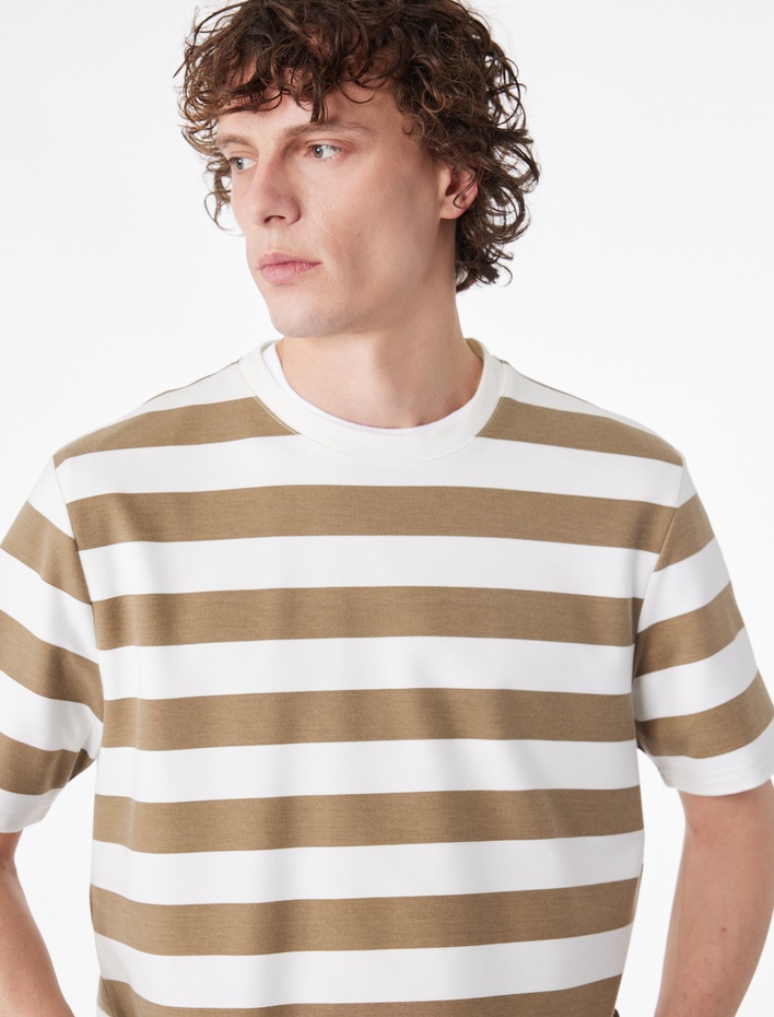  Regular Fit Viskon Karışımlı Kısa Kollu Bisiklet Yaka Çizgili Tişört