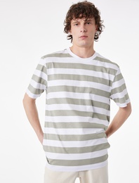 Regular Fit Kısa Kollu Bisiklet Yaka Pamuklu Çizgili Tişört