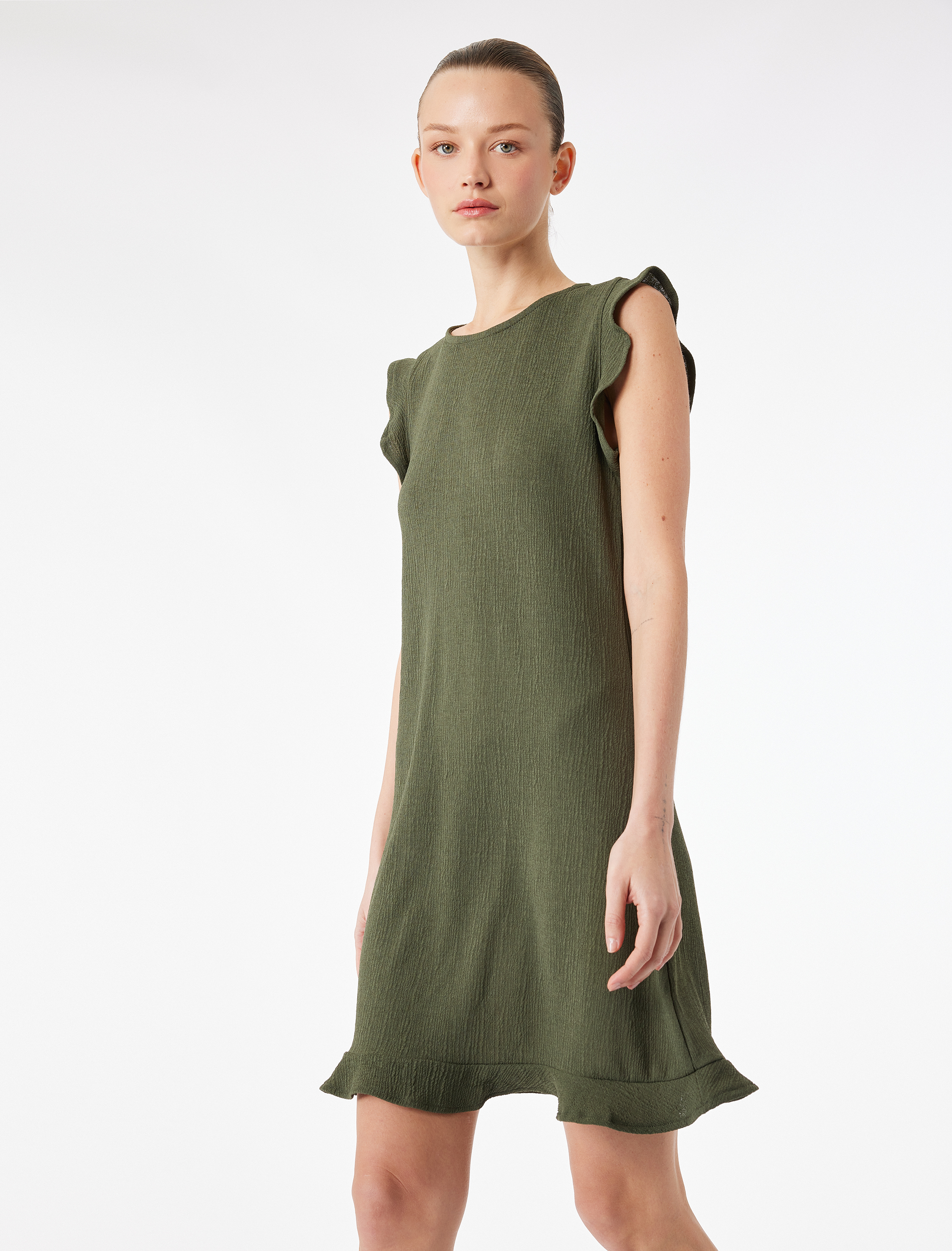   Krep Scuba Kumaş Kolsuz Bisiklet Yaka Fırfırlı Mini Elbise