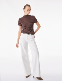 Modal Karışımlı Slim Fit Drape Detaylı Dik Yaka Kısa Kollu Tişört