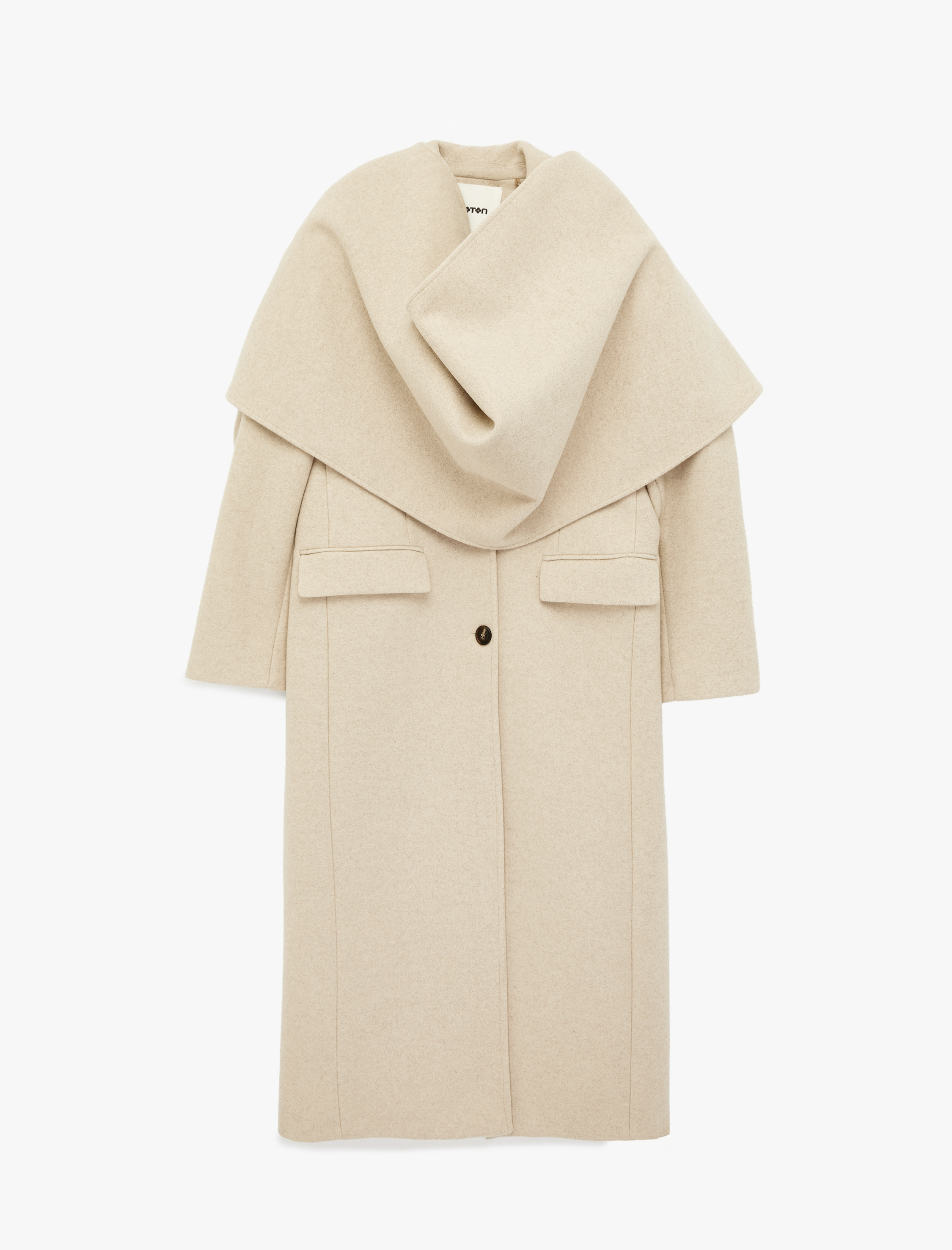   Uzun Kollu Düğmeli Cepli Kruvaze Atkılı Kaşe Kaban