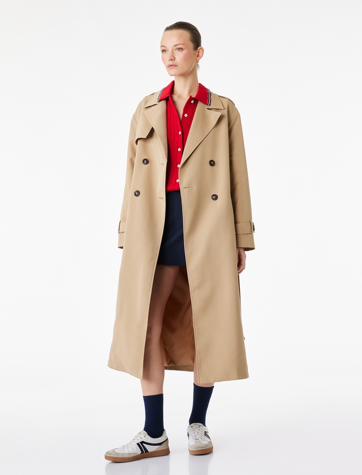  Uzun Kollu Düğmeli Cepli Kemerli Kruvaze Gabardin Trençkot