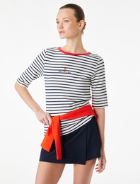 Slim Fit Kısa Kollu Bisiklet Yaka Kalpli Nakış Detaylı Çizgili Tişört