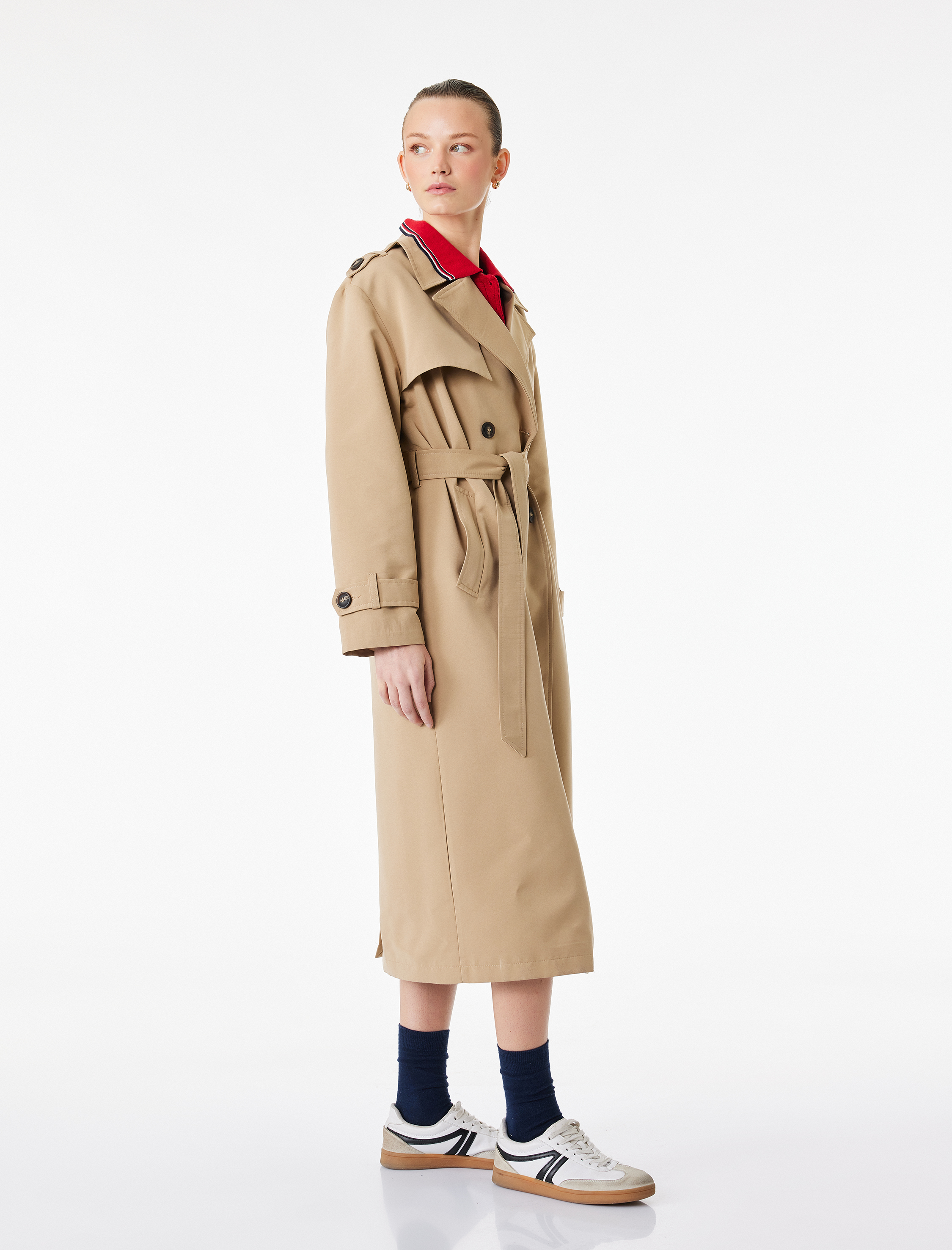   Uzun Kollu Düğmeli Cepli Kemerli Kruvaze Gabardin Trençkot