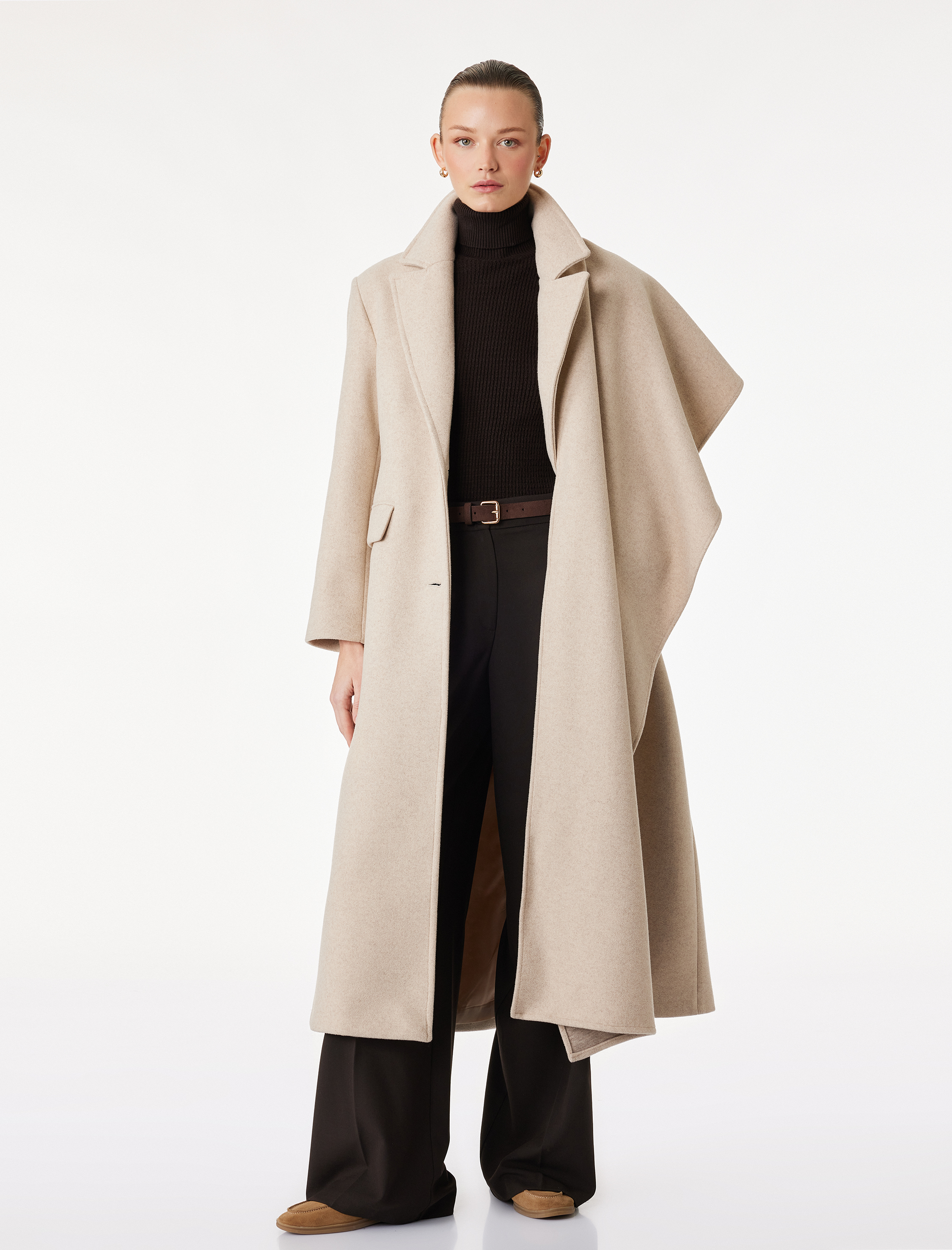   Uzun Kollu Düğmeli Cepli Kruvaze Atkılı Kaşe Kaban