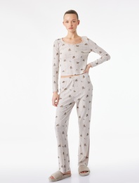 Uzun Kollu Bisiklet Yaka Slim Desenli Pijama Üstü