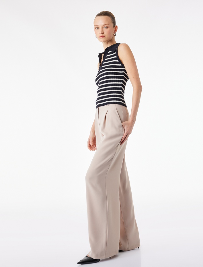  Krep Kumaş Pile Detaylı Cepli Yüksek Bel Palazzo Pantolon