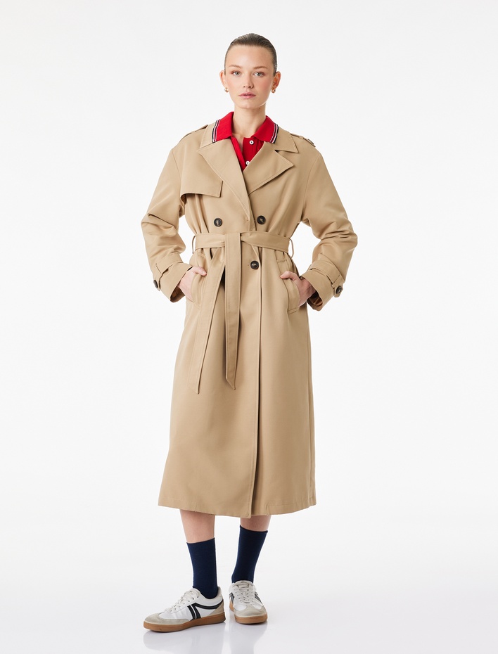  Uzun Kollu Düğmeli Cepli Kemerli Kruvaze Gabardin Trençkot