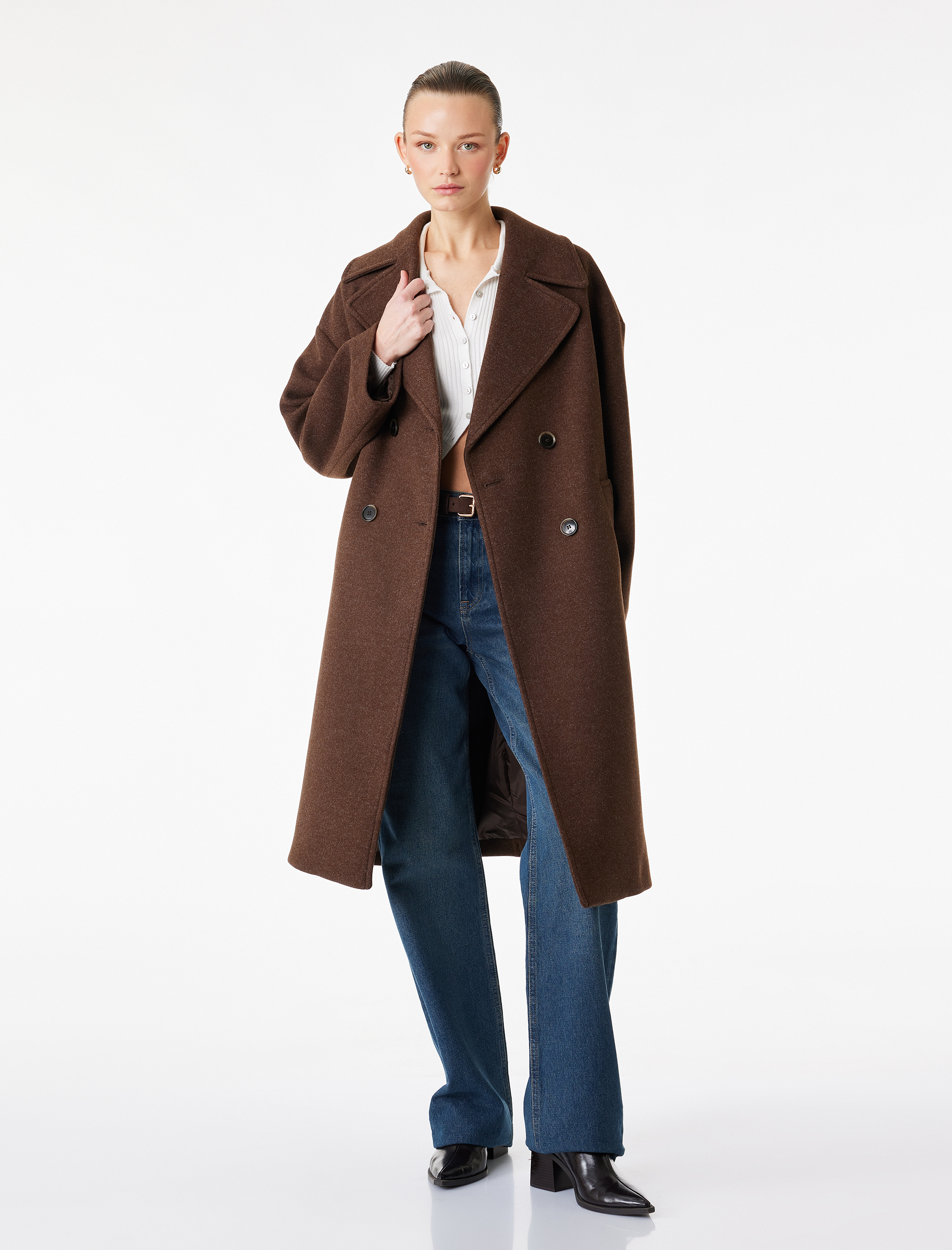   Uzun Kollu Düğmeli Cepli Kruvaze Oversize Kaşe Kaban