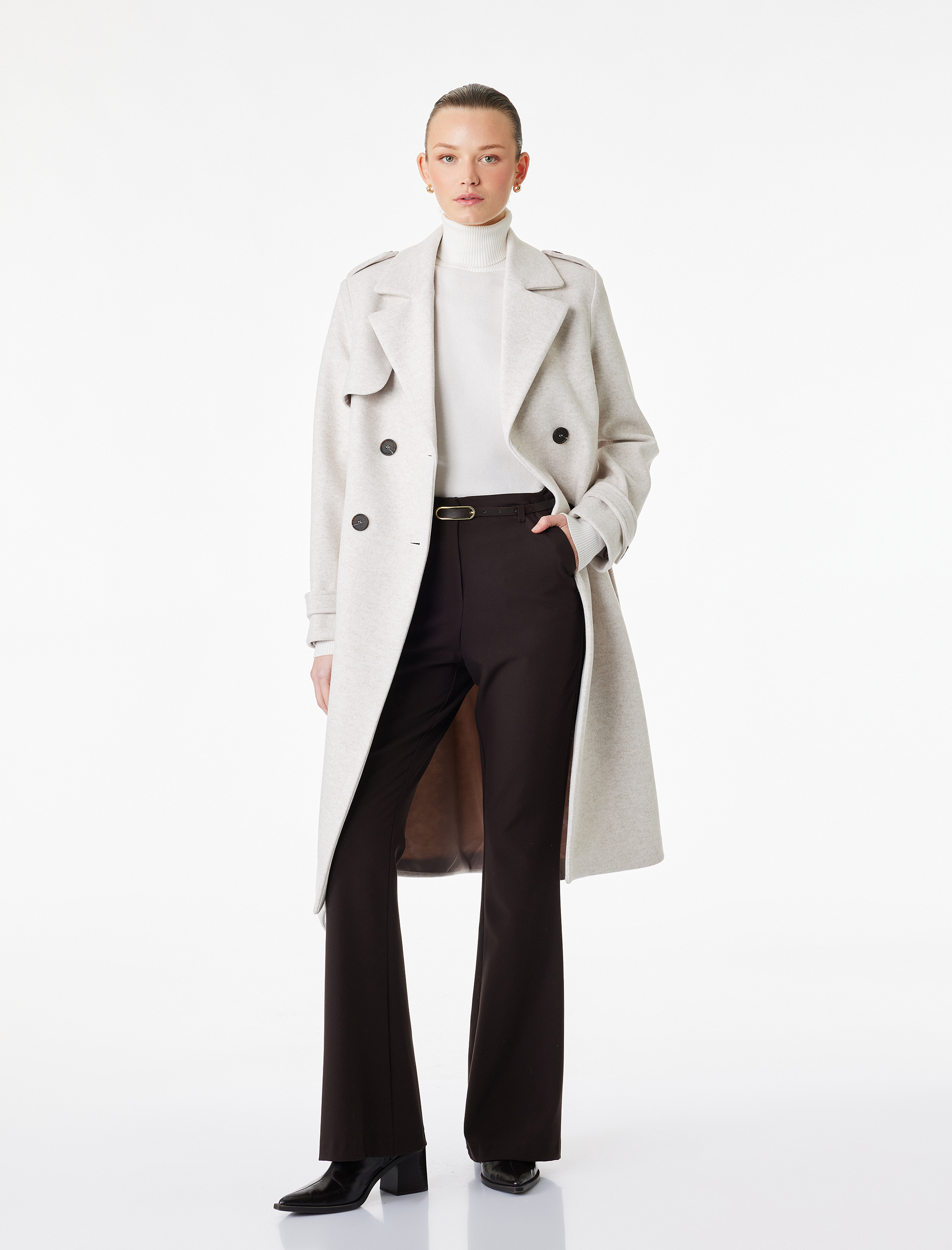   Uzun Kollu Kruvaze Kemerli Trenç Kaşe Kaban