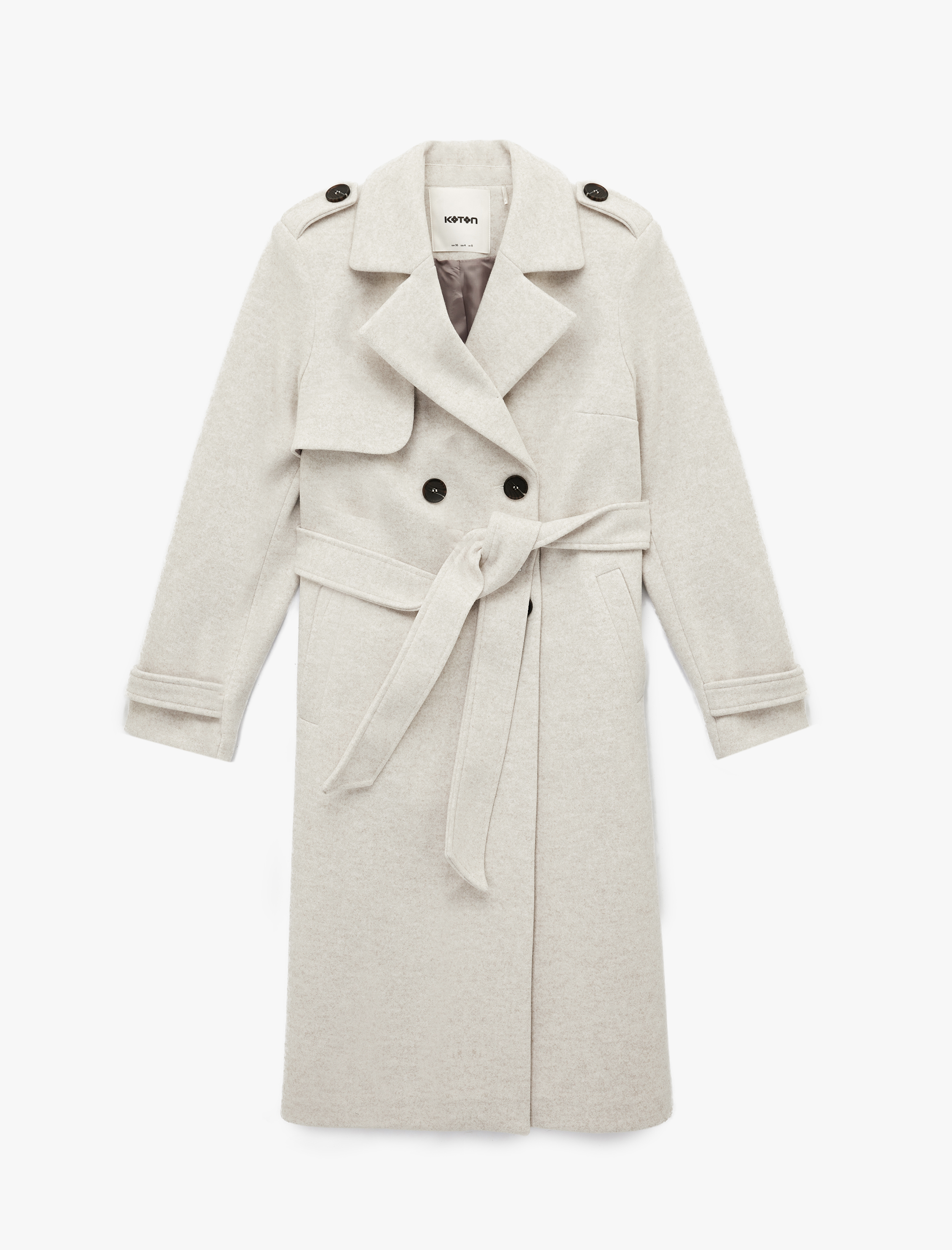   Uzun Kollu Kruvaze Kemerli Trenç Kaşe Kaban