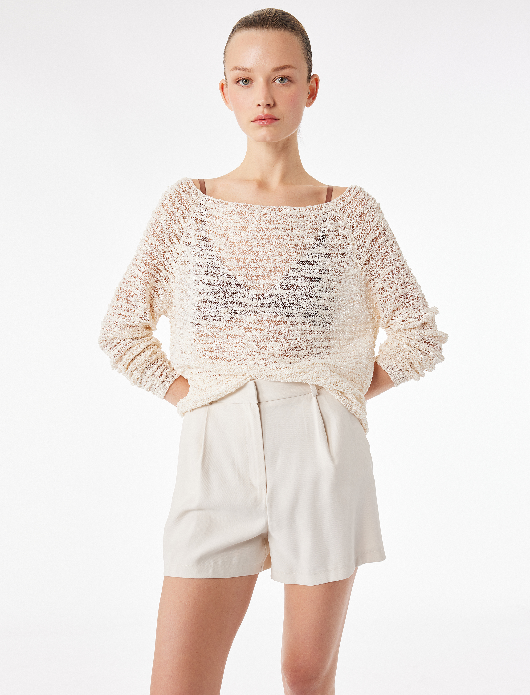   Kayık Yaka Uzun Kollu Ajurlu Kazak