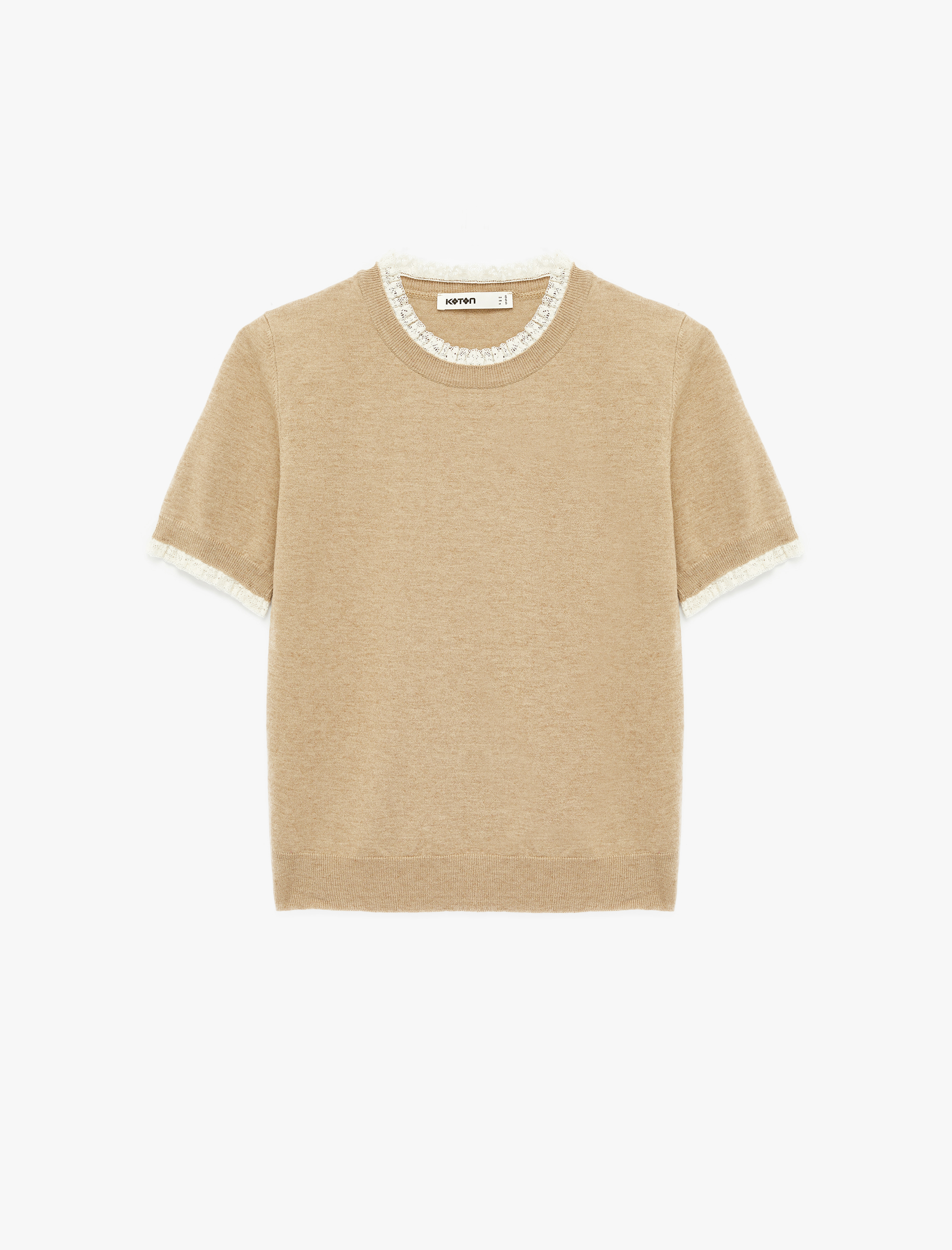   Koyun Yünü Karışımlı Kısa Kollu Dantel Detaylı Bisiklet Yaka Triko Kazak