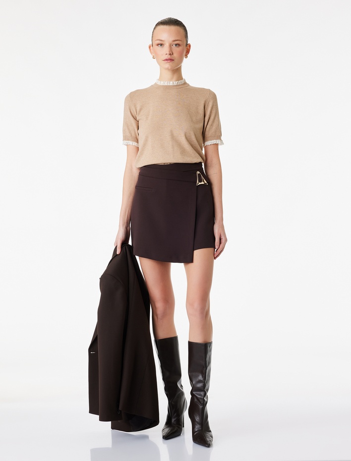  Koyun Yünü Karışımlı Kısa Kollu Dantel Detaylı Bisiklet Yaka Triko Kazak