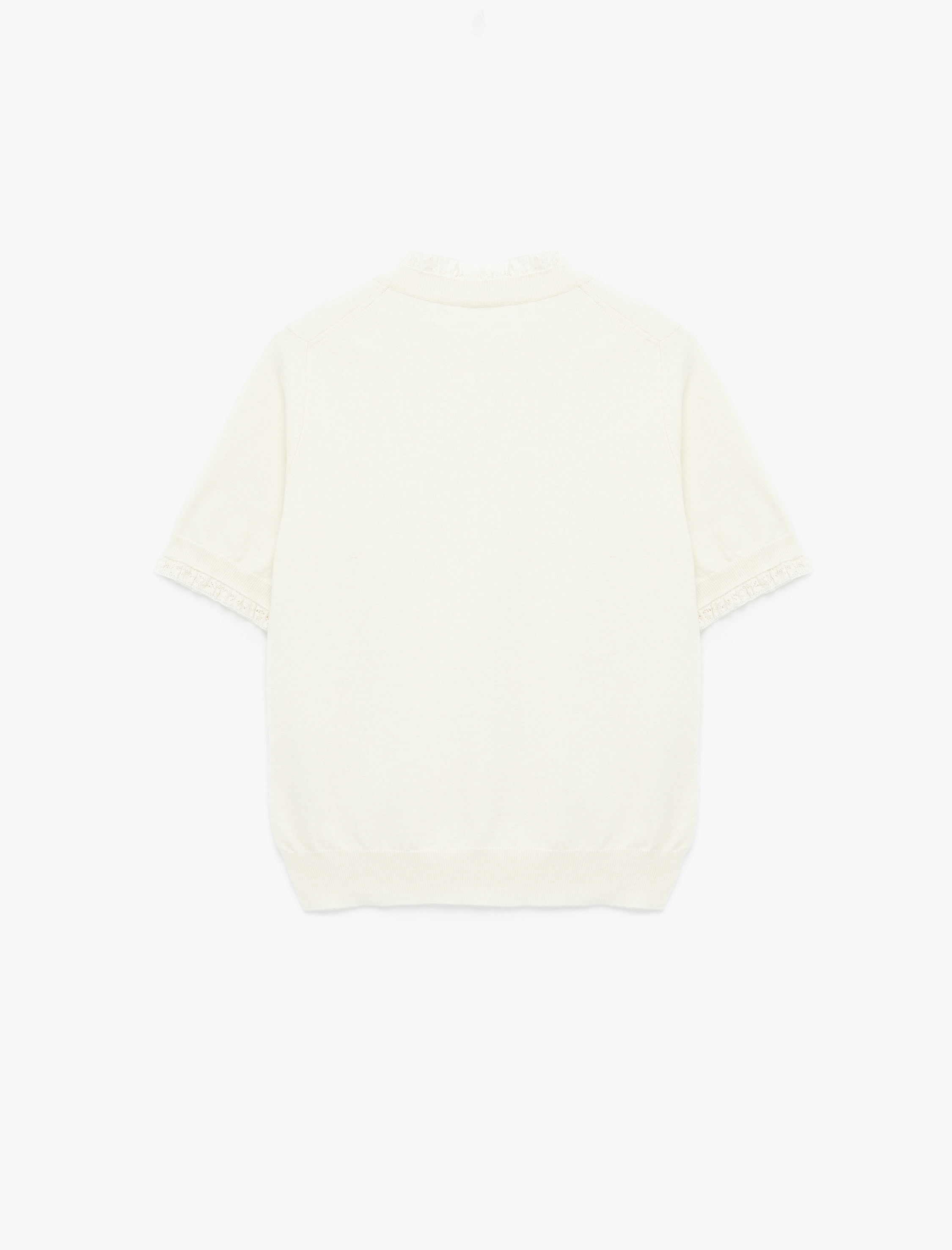   Koyun Yünü Karışımlı Kısa Kollu Dantel Detaylı Bisiklet Yaka Triko Kazak