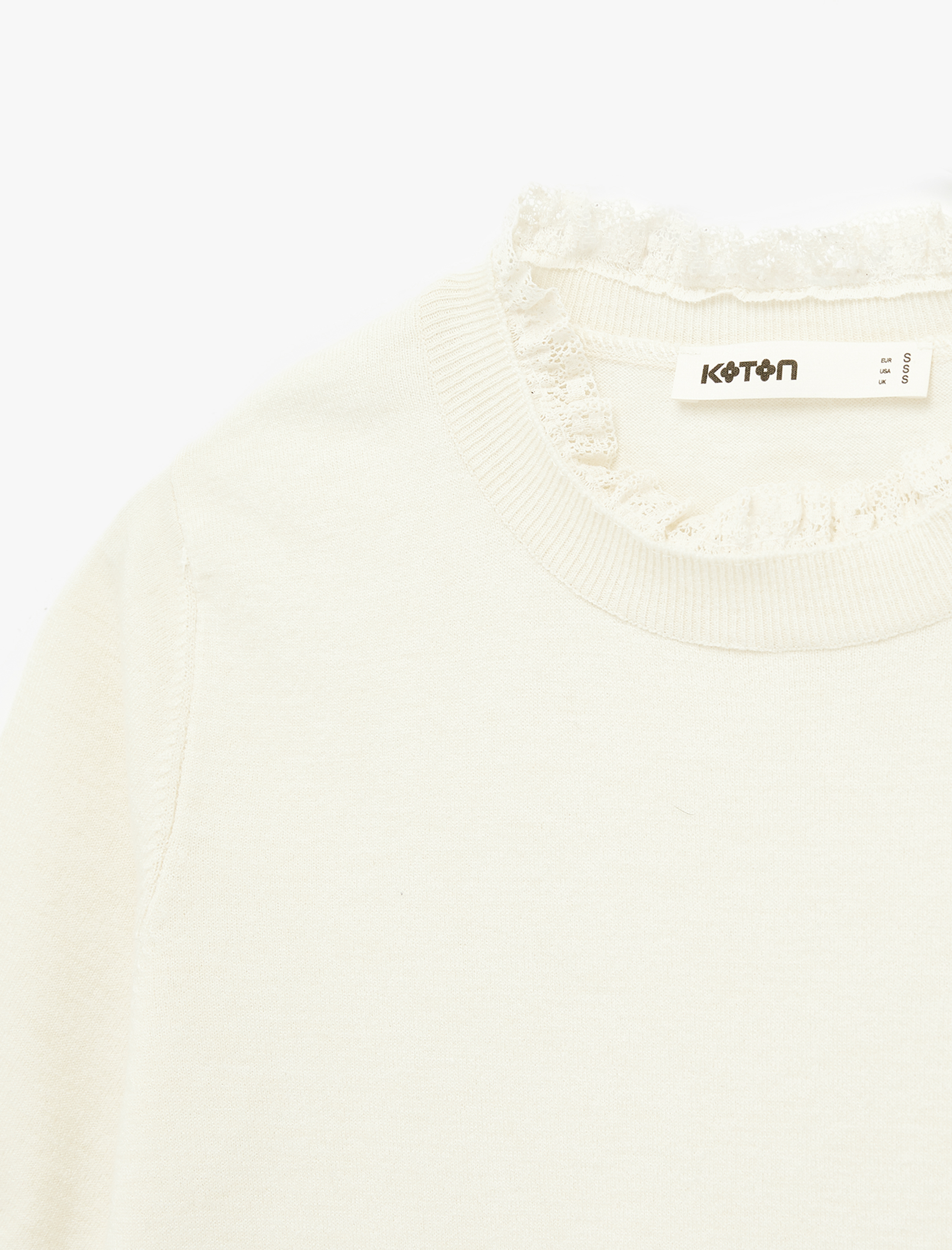   Koyun Yünü Karışımlı Kısa Kollu Dantel Detaylı Bisiklet Yaka Triko Kazak