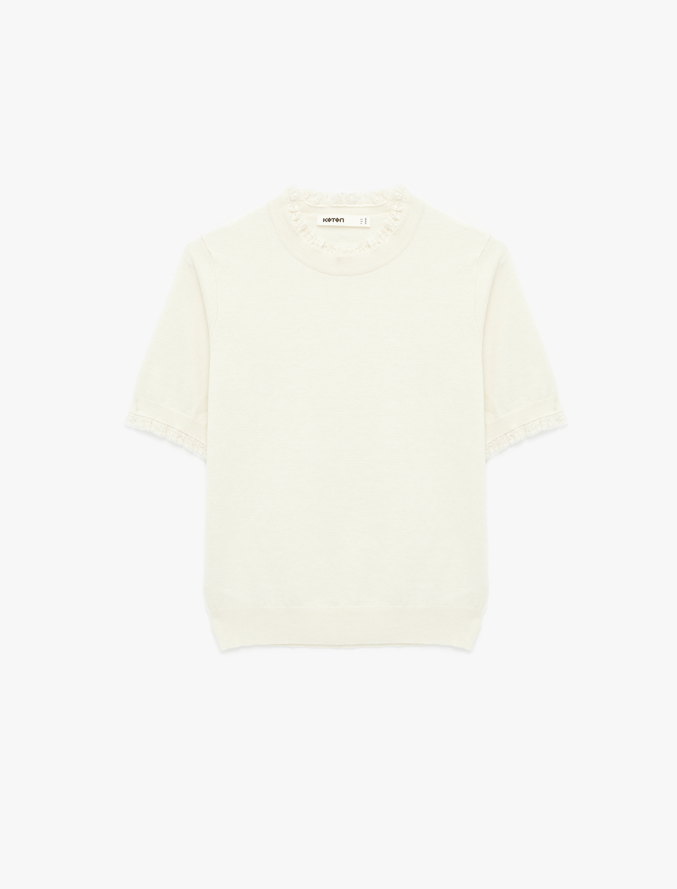   Koyun Yünü Karışımlı Kısa Kollu Dantel Detaylı Bisiklet Yaka Triko Kazak