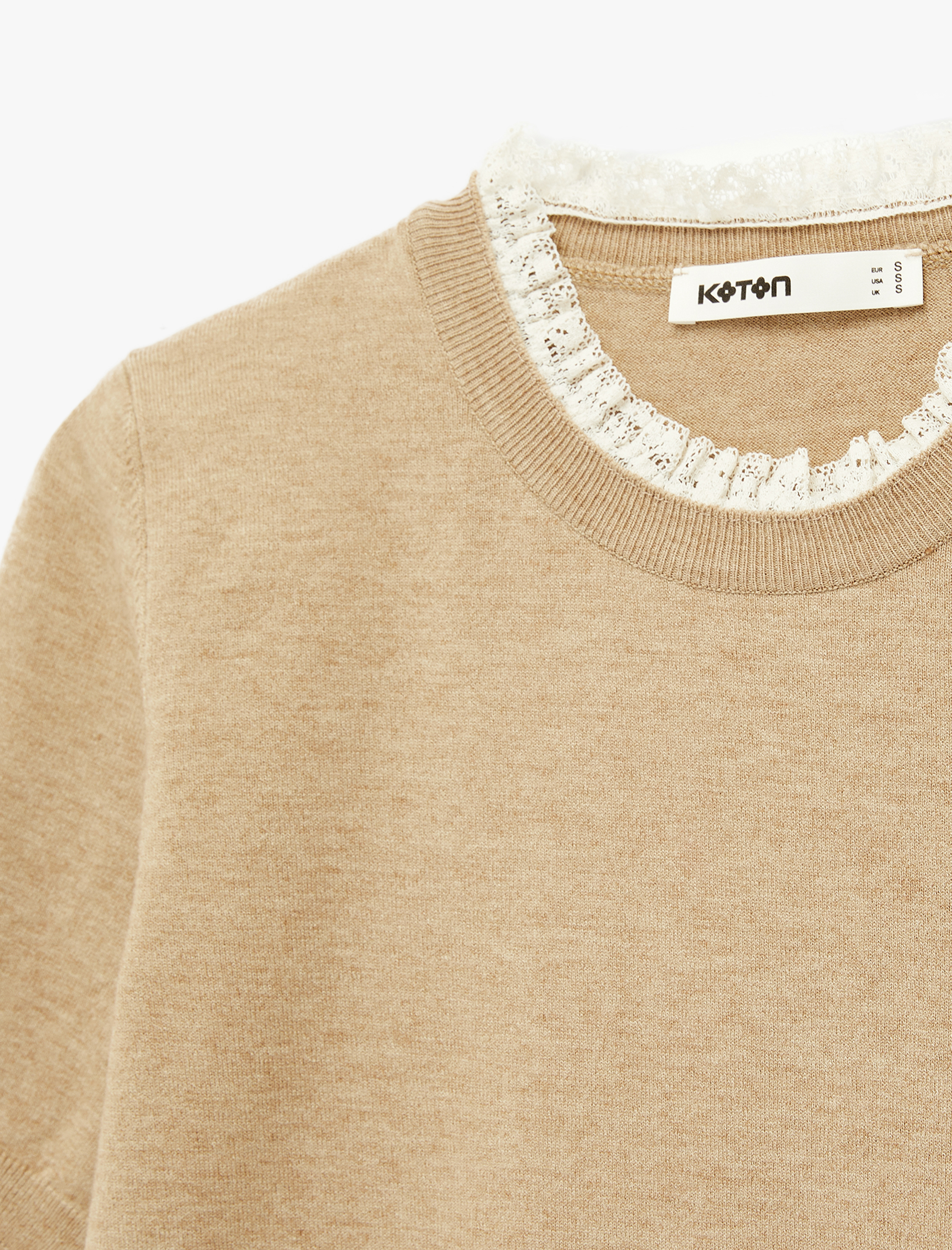   Koyun Yünü Karışımlı Kısa Kollu Dantel Detaylı Bisiklet Yaka Triko Kazak