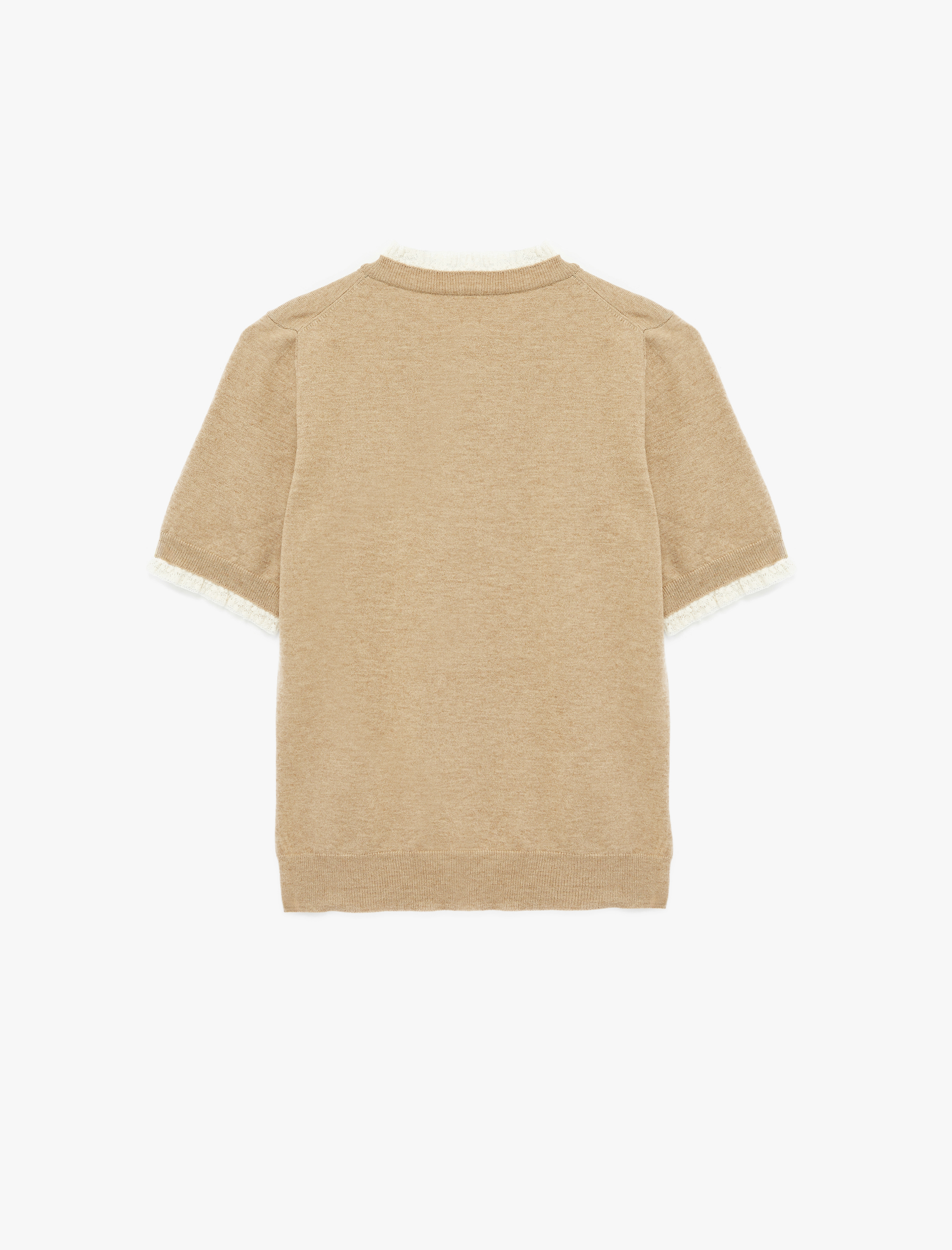   Koyun Yünü Karışımlı Kısa Kollu Dantel Detaylı Bisiklet Yaka Triko Kazak