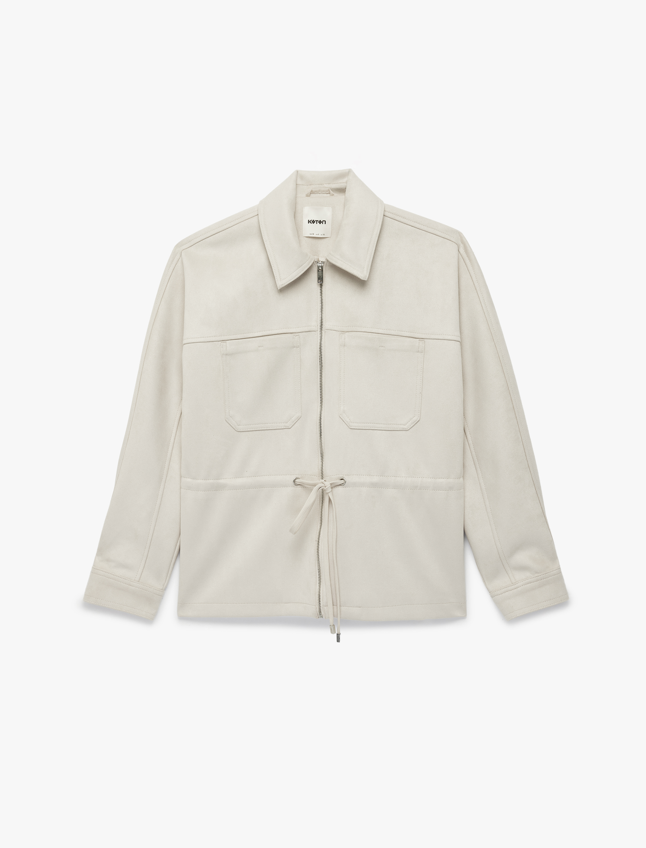   Uzun Kollu Cepli Belden Bağlama Detaylı Fermuarlı Süet Görünümlü Ceket