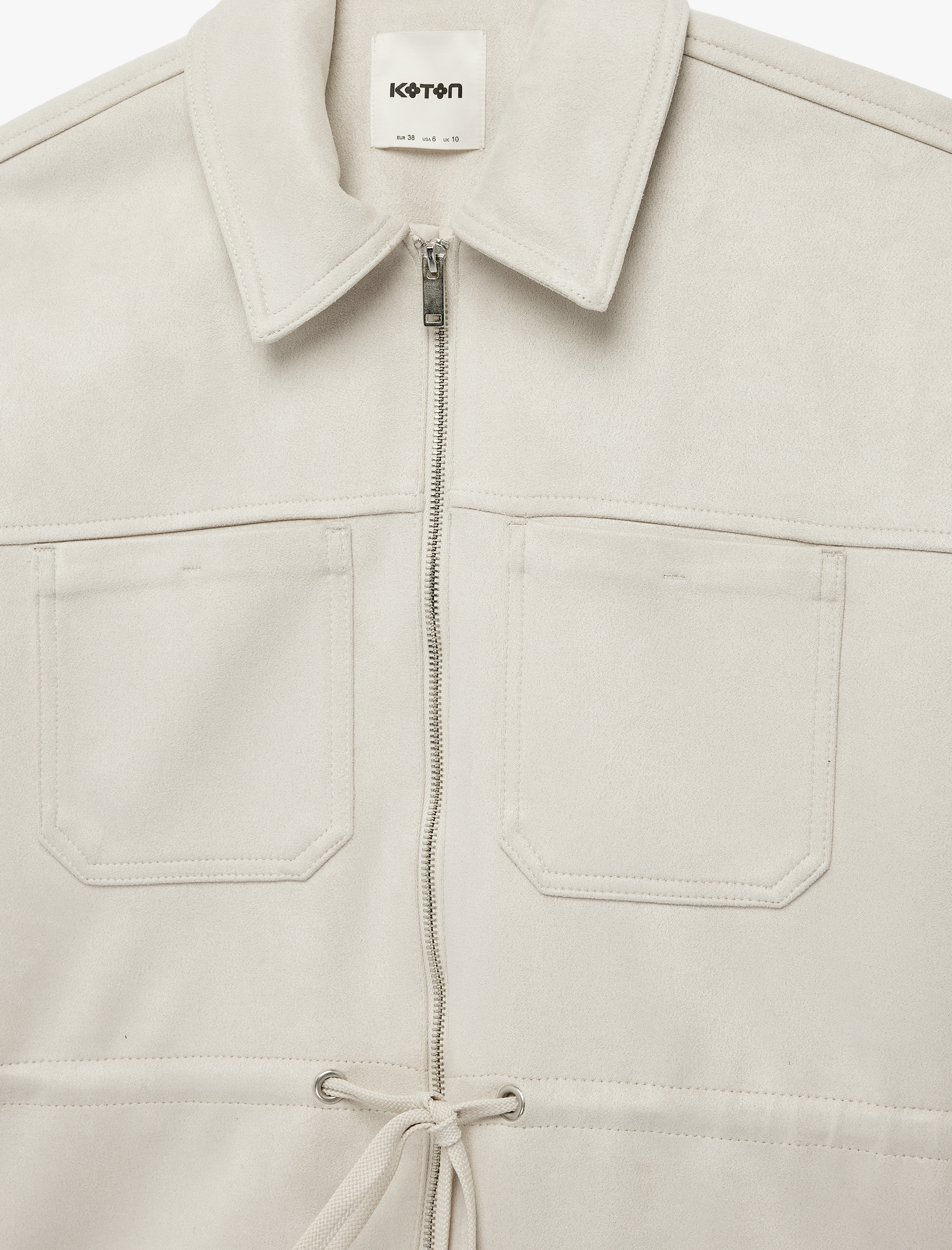   Uzun Kollu Cepli Belden Bağlama Detaylı Fermuarlı Süet Görünümlü Ceket