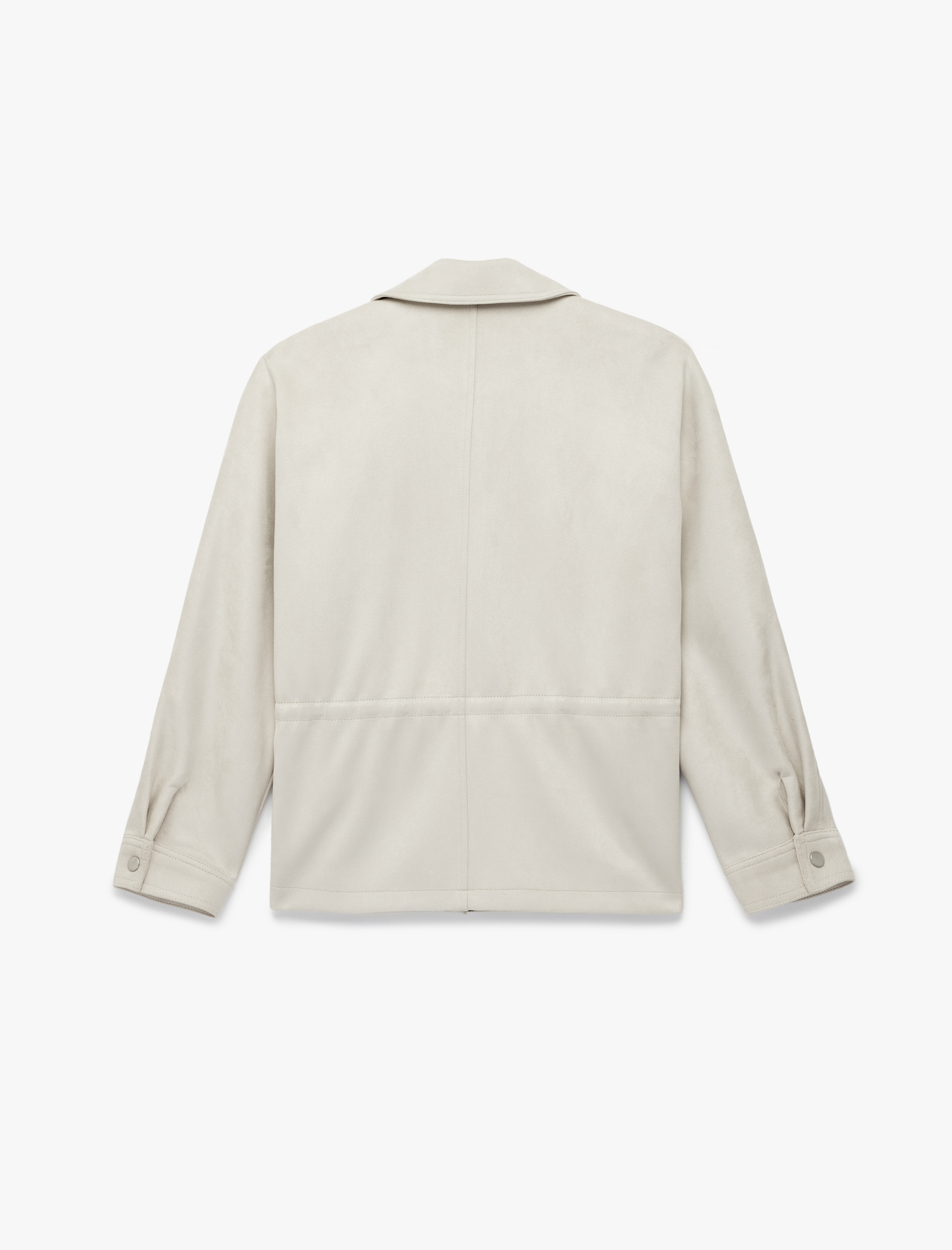   Uzun Kollu Cepli Belden Bağlama Detaylı Fermuarlı Süet Görünümlü Ceket