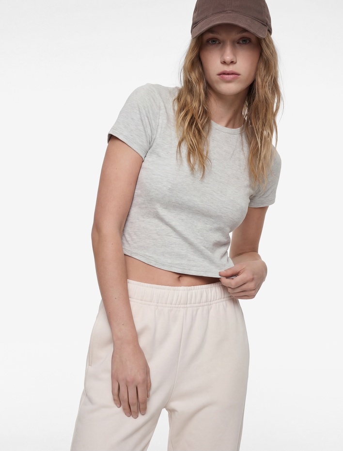  Kısa Kollu Bisiklet Yaka Slim Fit Modal Crop Spor Tişört