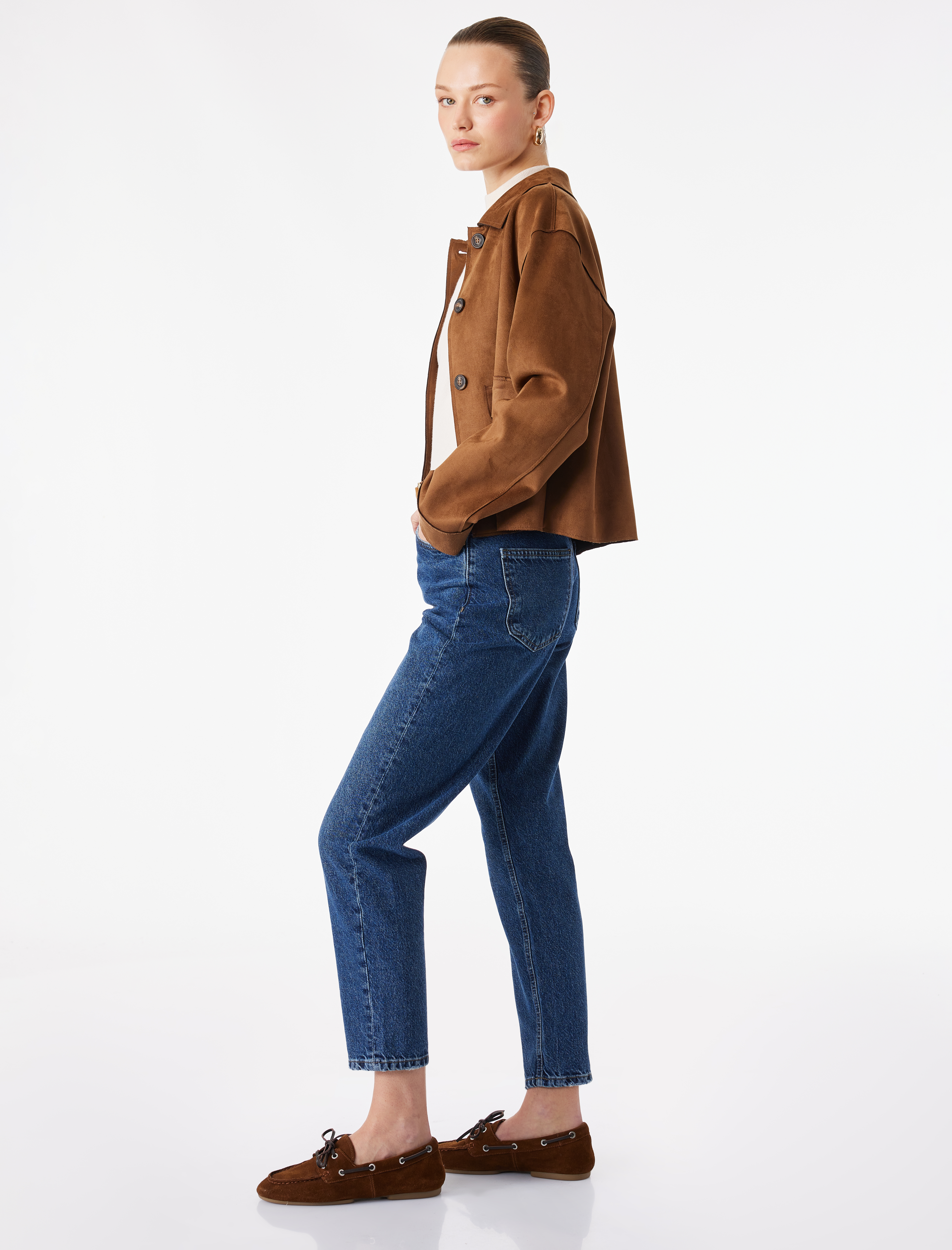   Yüksek Bel Düz Paça Pamuklu Düğmeli Cepli Denim Pantolon-Mom Fit Jean