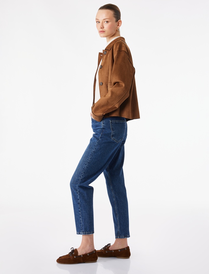  Yüksek Bel Düz Paça Pamuklu Düğmeli Cepli Denim Pantolon-Mom Fit Jean
