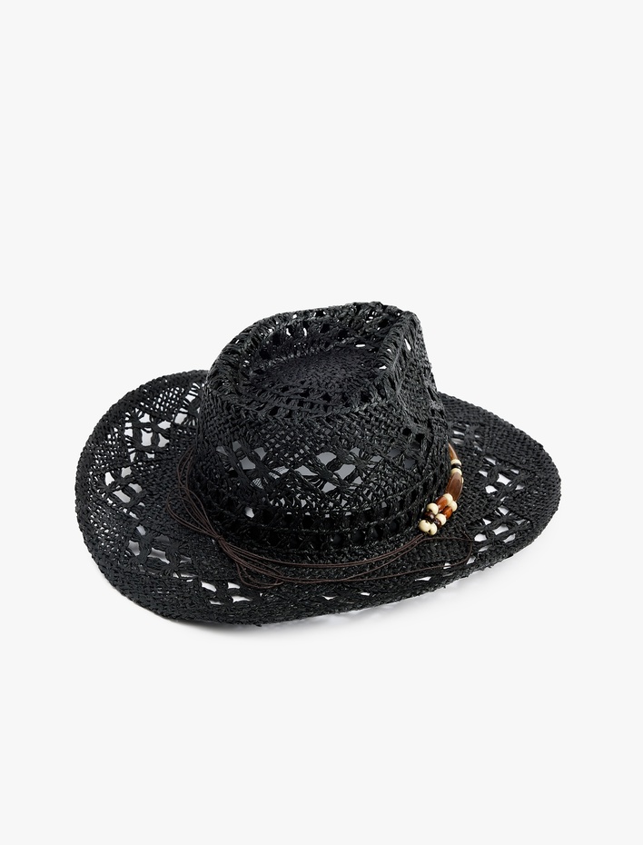 Kadın Boncuk Detaylı Hasır Fötr Şapka