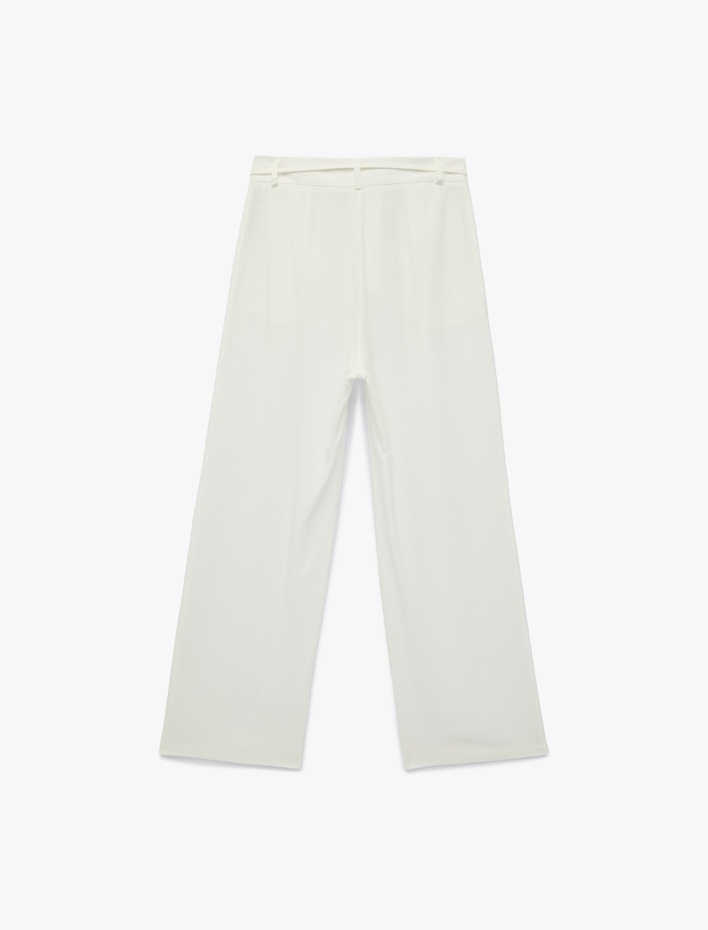  Keten Karışımlı Beli Bağcıklı Cepli Pile Detaylı Düz Paça Kumaş Pantolon