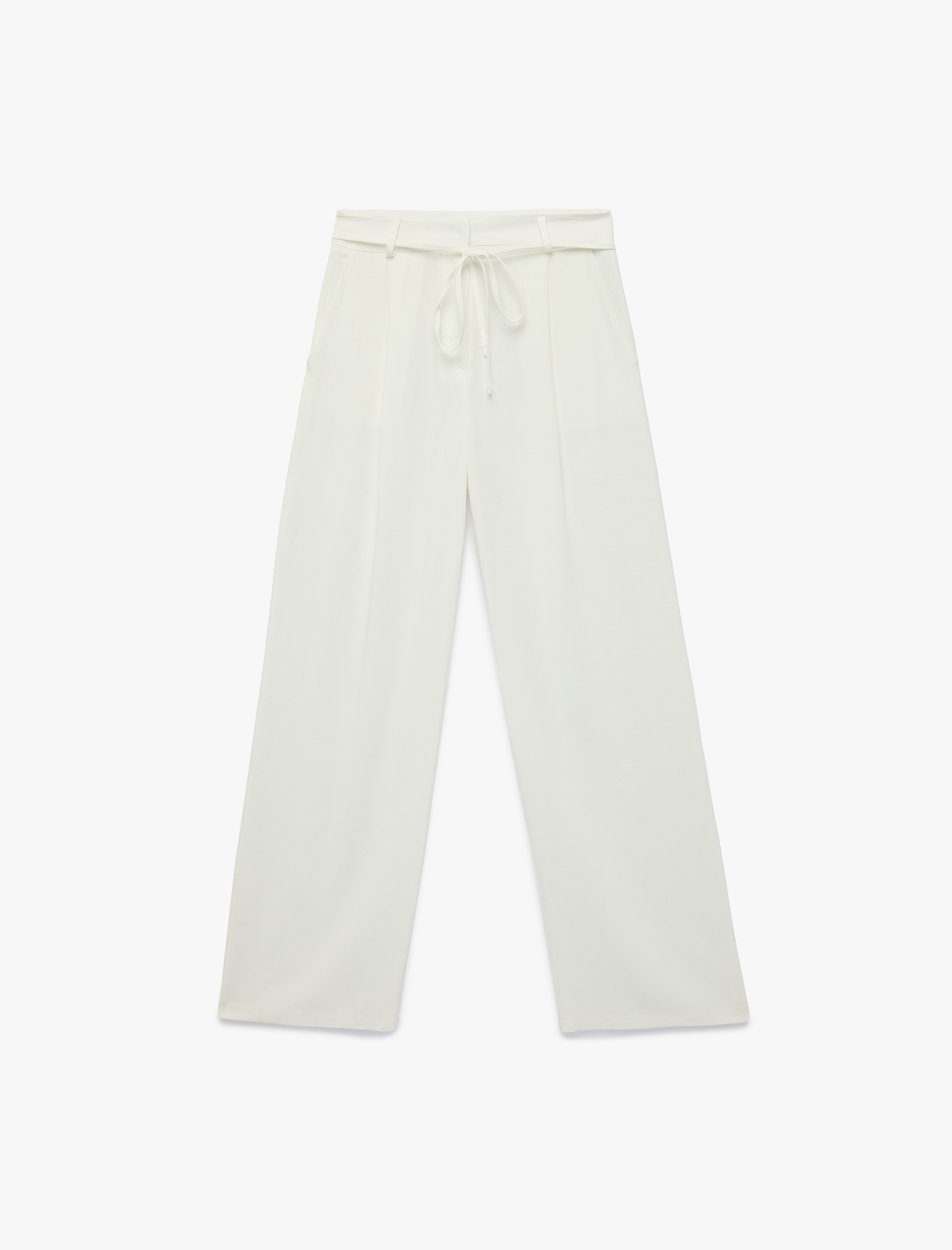   Keten Karışımlı Beli Bağcıklı Cepli Pile Detaylı Düz Paça Kumaş Pantolon