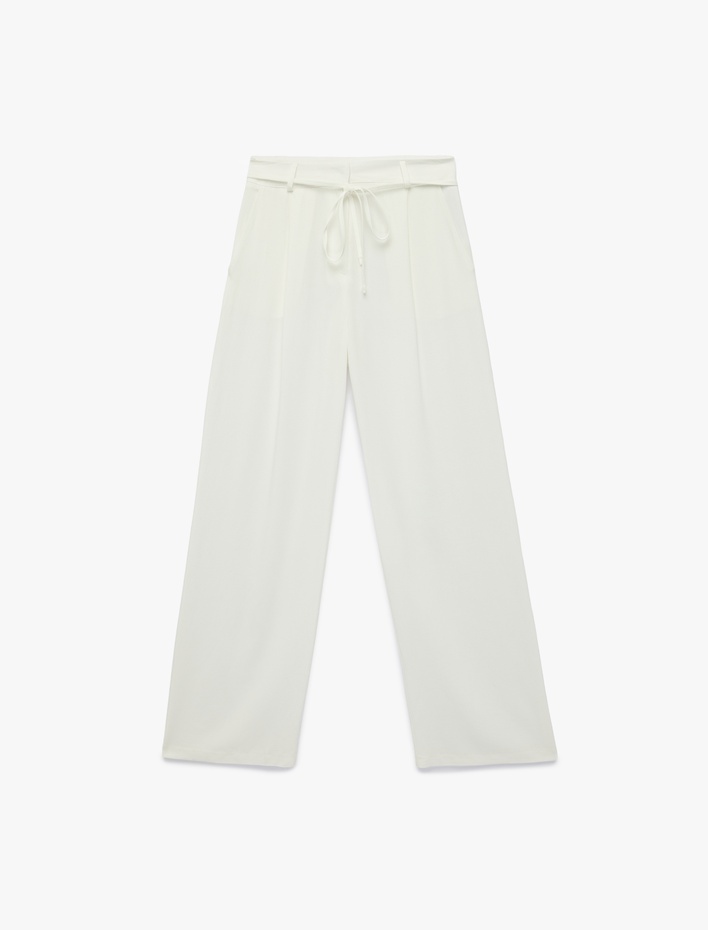  Keten Karışımlı Beli Bağcıklı Cepli Pile Detaylı Düz Paça Kumaş Pantolon