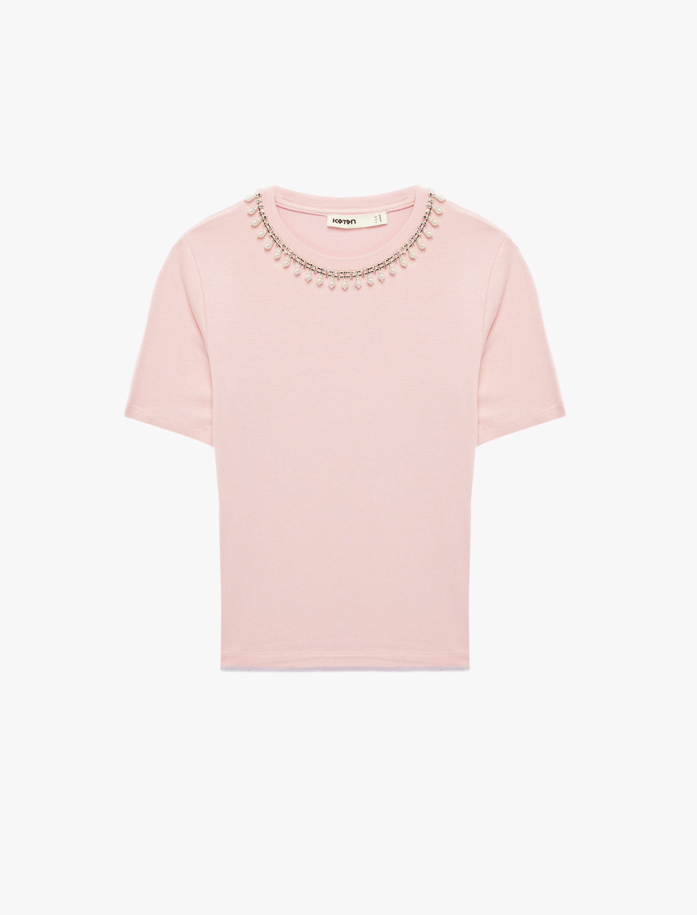   Regular Fit Kısa Kollu İnci Detaylı Bisiklet Yaka Viskon Tişört