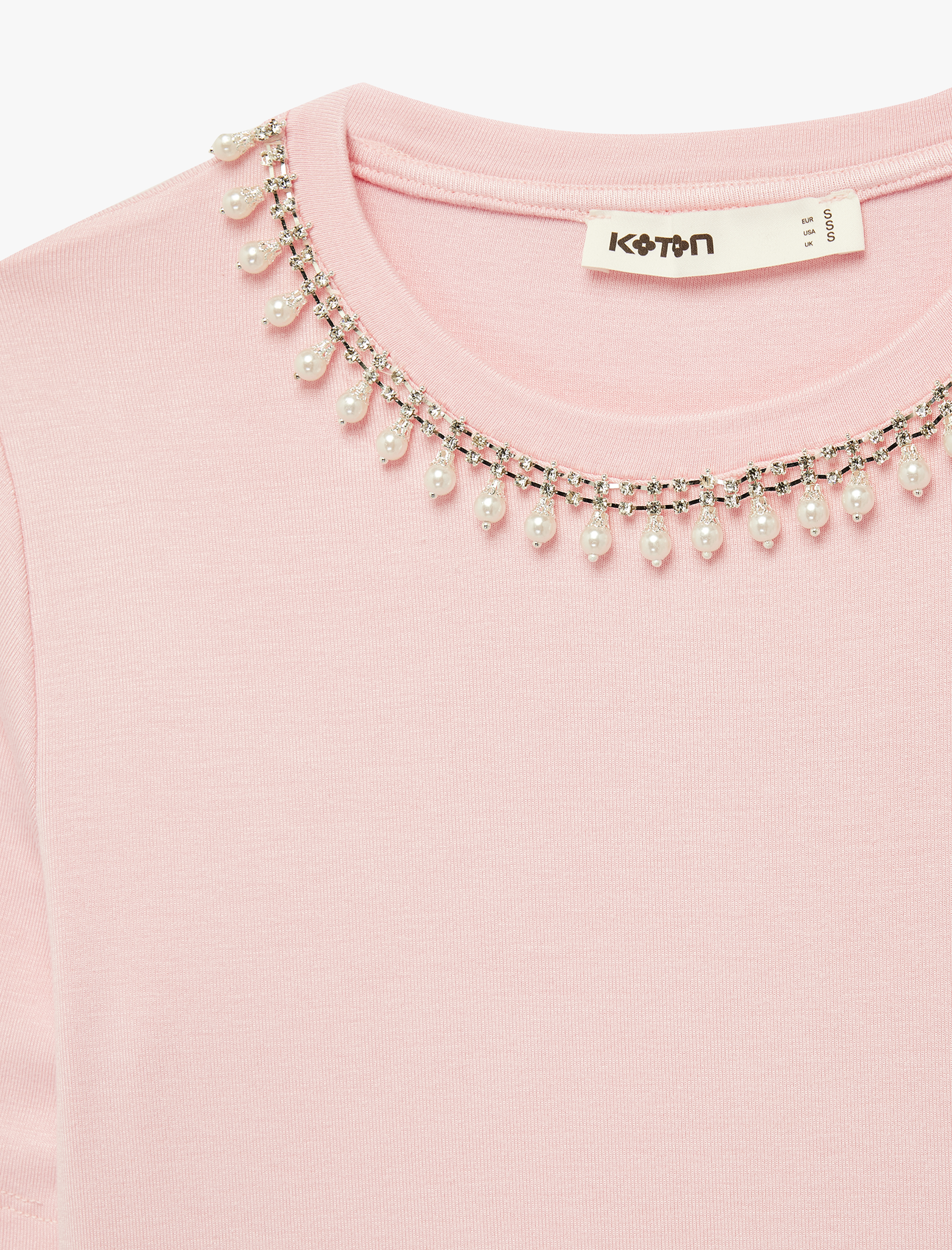   Regular Fit Kısa Kollu İnci Detaylı Bisiklet Yaka Viskon Tişört