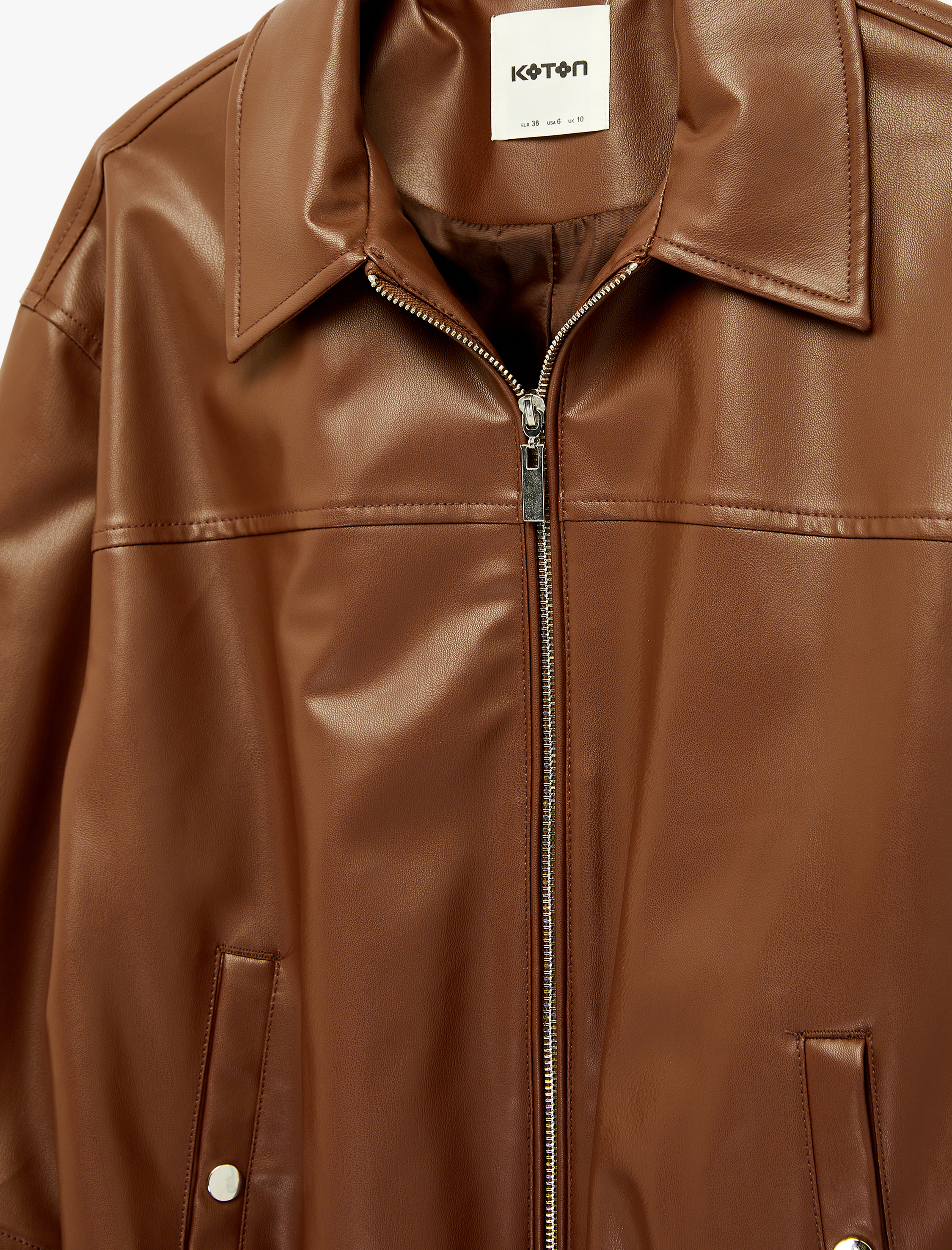   Uzun Kollu Cepli Fermuarlı Oversize Suni Deri Ceket