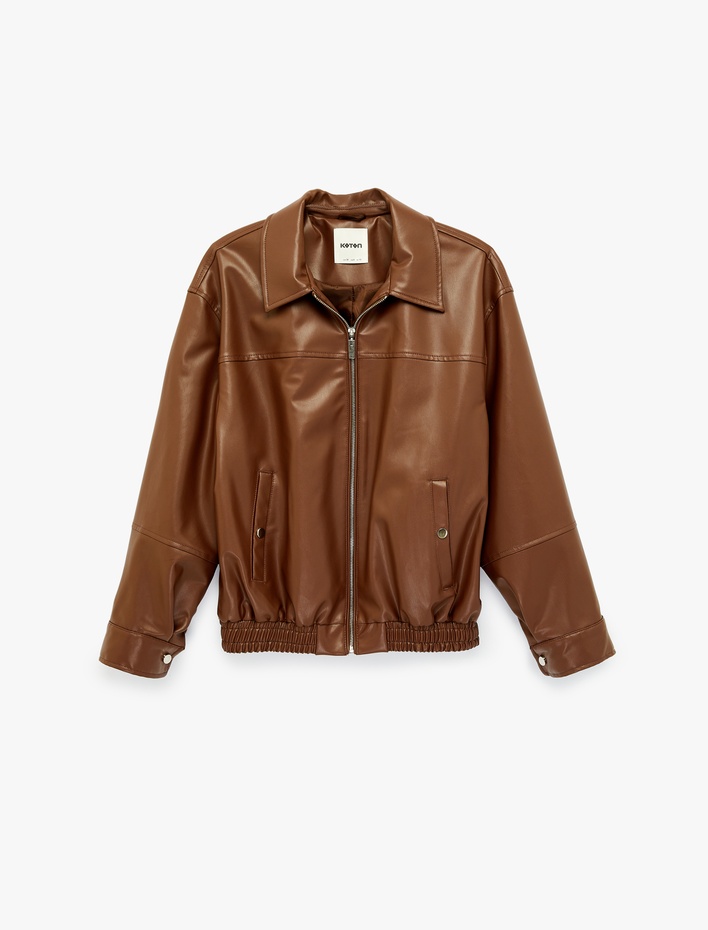  Uzun Kollu Cepli Fermuarlı Oversize Suni Deri Ceket