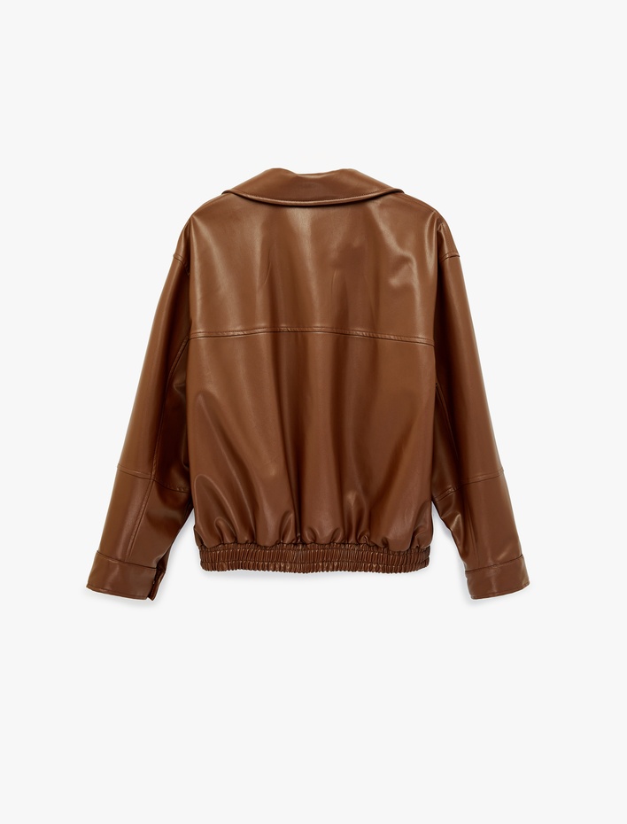  Uzun Kollu Cepli Fermuarlı Oversize Suni Deri Ceket