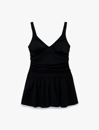 Drapeli V Yaka Askılı Toparlayıcı Etekli Mayo