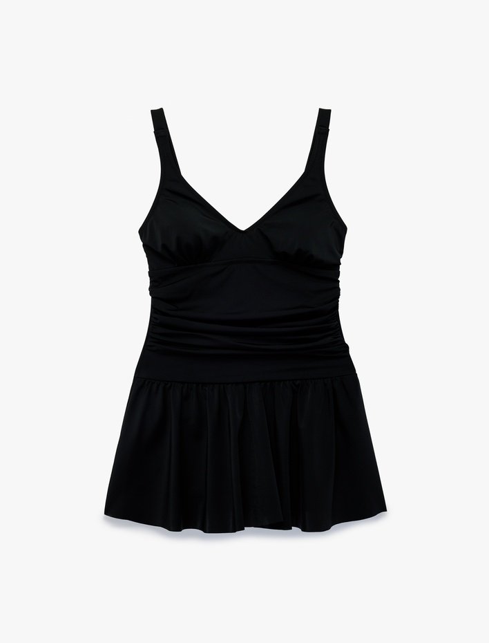  Drapeli V Yaka Askılı Toparlayıcı Etekli Mayo