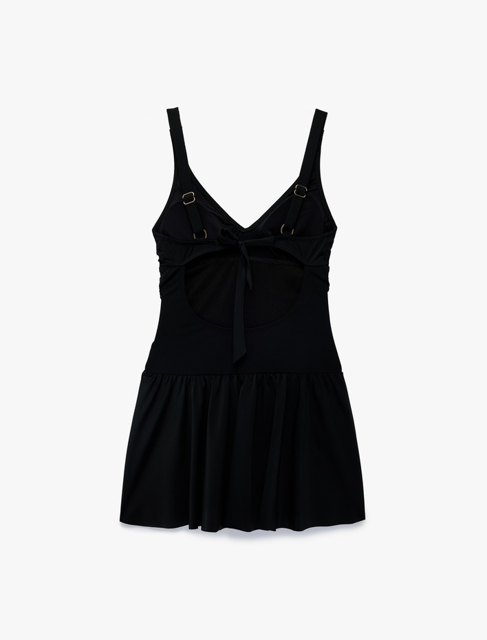  Drapeli V Yaka Askılı Toparlayıcı Etekli Mayo