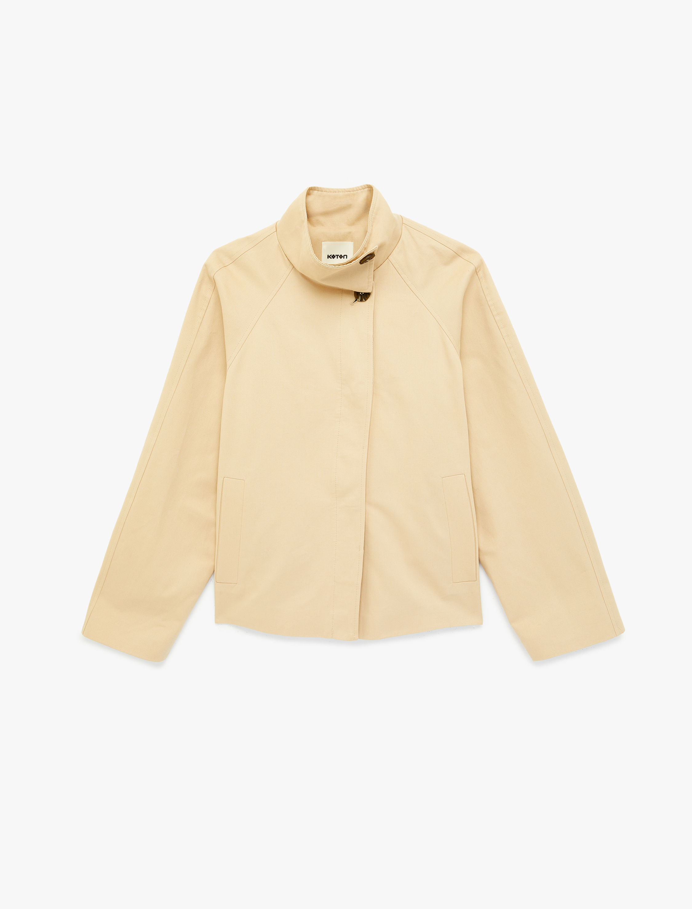   Pamuklu Uzun Kollu Cepli Düğmeli Oversize Dik Yaka Gabardin Kısa Trençkot