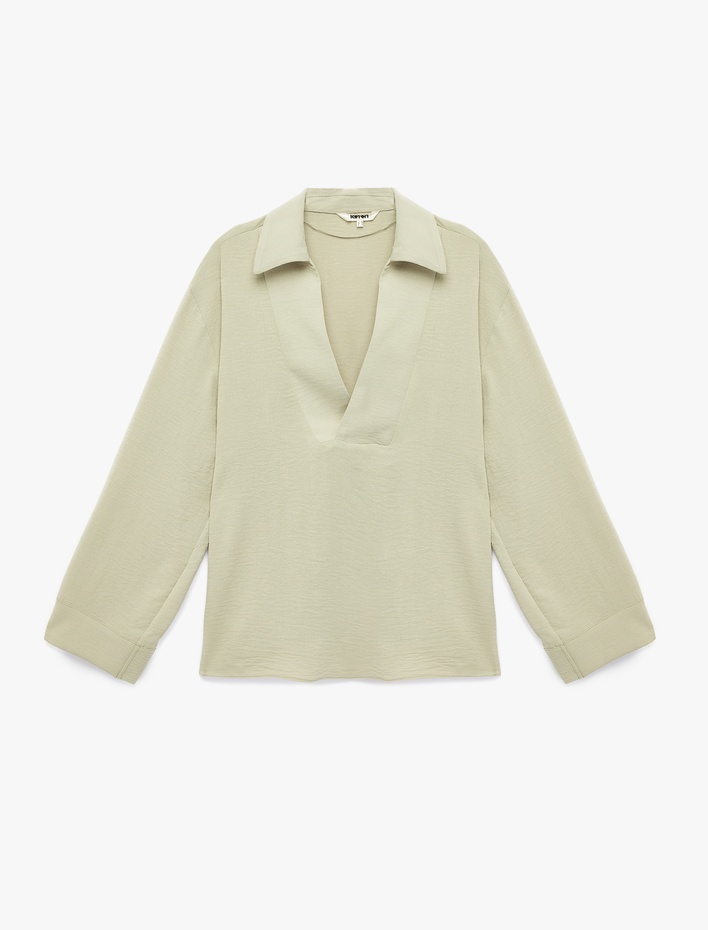  Aerobin Kumaş Uzun Kollu V Gömlek Yaka Bluz