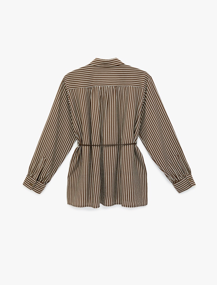  Viskon Uzun Kollu Beli Bağcıklı Kemerli Çizgili Gömlek