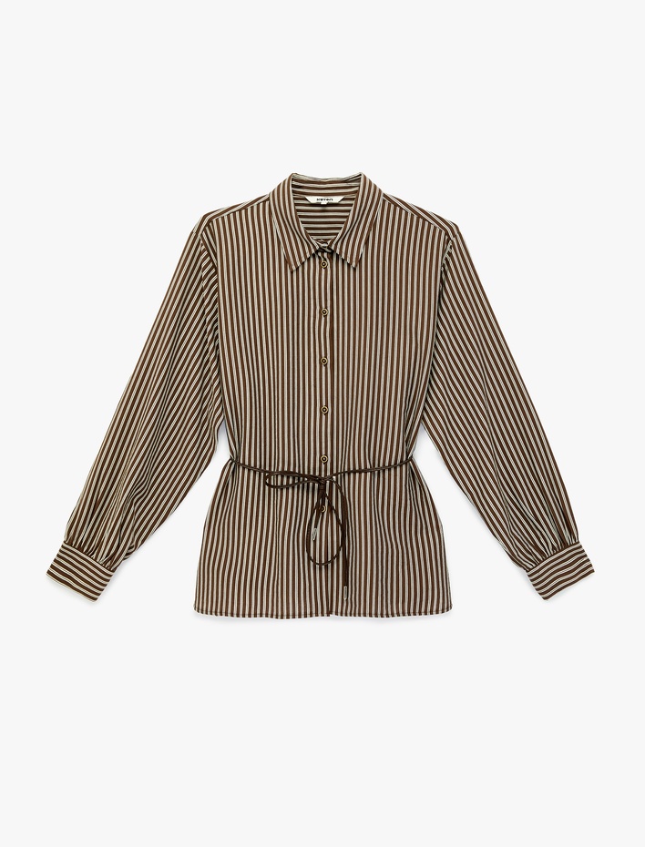  Viskon Uzun Kollu Beli Bağcıklı Kemerli Çizgili Gömlek